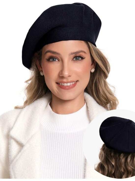 Women\'s French Style Double Layer Winter Autumn Warm, Soft Beanie Hat Cap Black main image 4